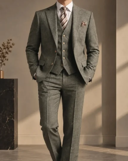 Sage Green Tweed Three-Piece Suit for Men