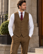 Brown herringbone tweed waistcoat worn with white shirt and tie