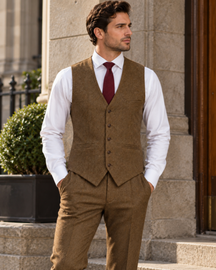 Brown herringbone tweed waistcoat worn with white shirt and tie