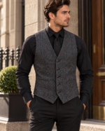 Grey herringbone tweed waistcoat with red windowpane check, worn with black shirt and tie
