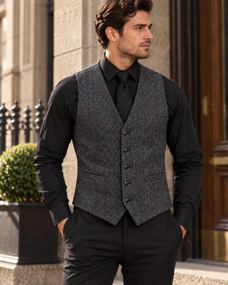 Grey herringbone tweed waistcoat with red windowpane check, worn with black shirt and tie