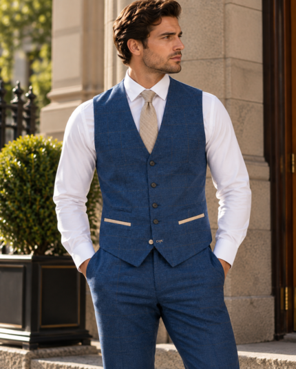 Navy tweed waistcoat with tan contrast pocket trim and watch chain loop