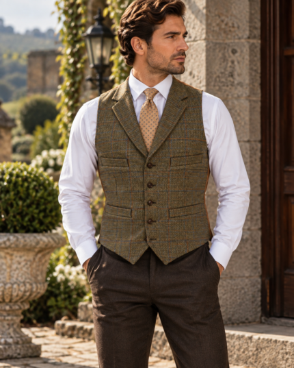 Olive check tweed waistcoat with notch lapel and four-pocket front