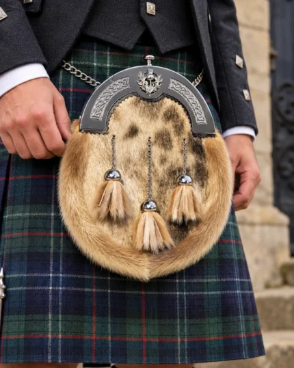 Full fur dress sporran with an engraved pewter cantle featuring Celtic knotwork and a thistle motif, worn against a navy and green tartan kilt.