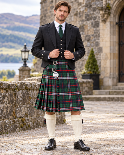 Man wearing a green tartan kilt mens style with red, white and navy lines, leather straps and silver buckles, styled with a black jacket and waistcoat at a stone castle