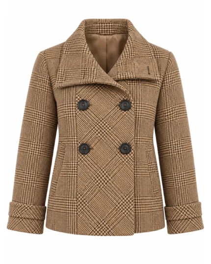 Front view of women's camel checked tweed jacket featuring a classic double-breasted design. Back view of women's camel brown tweed jacket showing its shorter structured silhouette. Side view of women's checked country tweed jacket featuring elegant turn-back cuffs. Close-up of camel brown tweed fabric featuring intricate heritage checked detailing. Detail of women's double-breasted tweed jacket showing four dark buttons and a wide fold-over collar