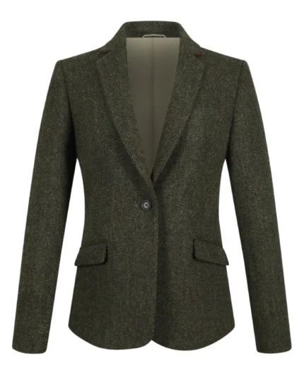 Front view of women's olive green tweed blazer featuring classic notch lapels and tailored styling. Back view of women's olive green tweed blazer showing its structured feminine silhouette. Side view of women's dark green tailored tweed blazer with classic hip-length proportions. Close-up of olive green tweed fabric featuring a fine textured appearance and earthy undertones. Detail of women's olive green tweed blazer showing traditional flap pockets, notch lapels, and tailored construction.