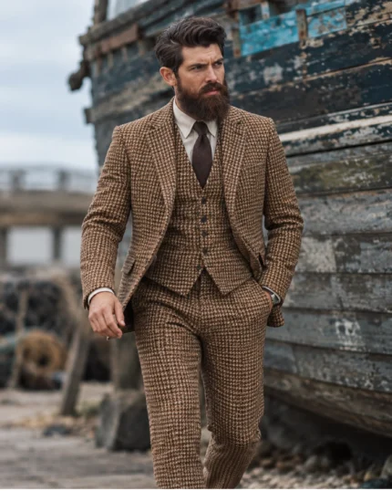 Man wearing a men's brown houndstooth tweed jacket with matching waistcoat and trousers, styled with a cream shirt and dark brown tie.