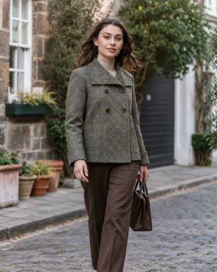 womens grey checked tweed jacket, grey tweed jacket women, ladies tweed jacket, double breasted tweed jacket, womens country jacket, olive grey tweed jacket, heritage tweed jacket, womens autumn jacket, short tweed jacket, british country clothing
