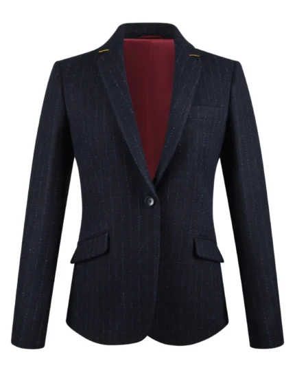 Front view of women's navy blue tweed blazer featuring elegant peak lapels and single-button tailoring. Back view of women's navy tweed blazer showing its structured, tailored silhouette. Side view of women's navy blue tailored blazer with gently shaped waist and classic proportions. Close-up of navy blue tweed fabric featuring fine vertical pinstripe detailing. Detail of women's navy tweed blazer showing peak lapels, front button fastening, and traditional flap pockets.