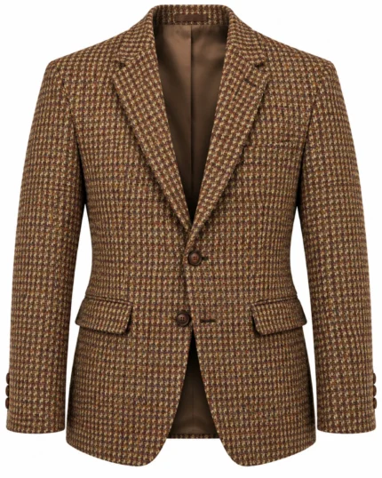 Man wearing a men's brown houndstooth tweed jacket with matching waistcoat and trousers, styled with a cream shirt and dark brown tie.