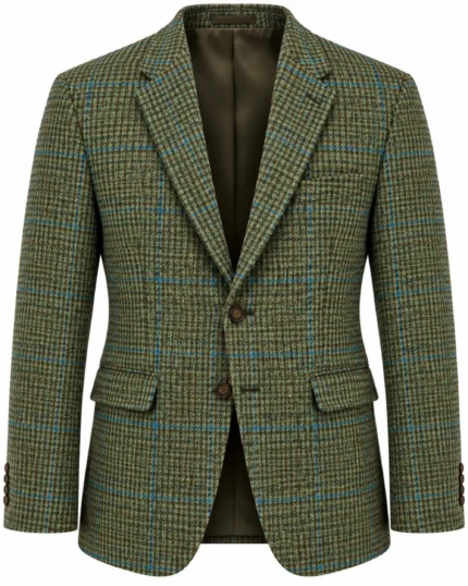 Man wearing a men's olive tweed jacket with blue windowpane checks, styled with a burgundy sweater, beige chinos, and brown leather boots.