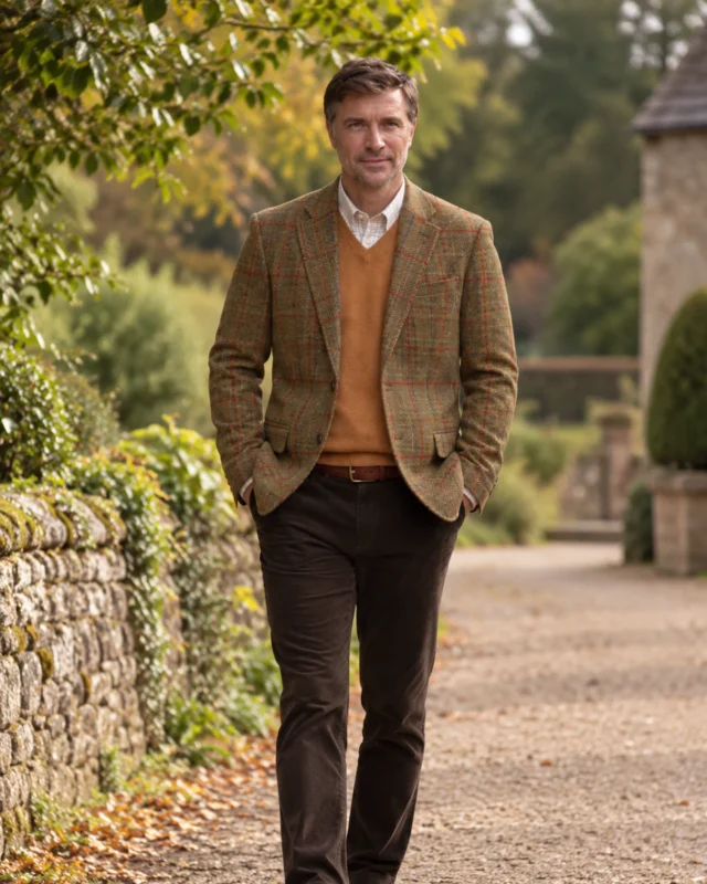 Man wearing a men's brown windowpane tweed jacket with rust-red checks, styled with an orange sweater and dark brown trousers in a countryside setting.