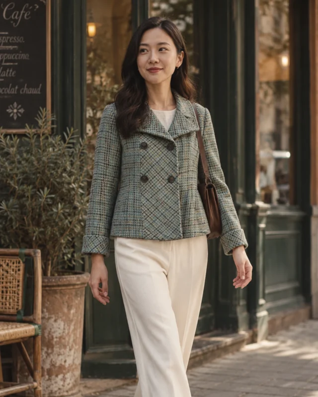Woman wearing a teal checked tweed jacket with double-breasted buttons, wide collar, and turn-back cuffs, styled with cream trousers and a brown shoulder bag.