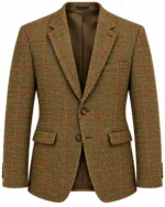 Front view of men's brown windowpane tweed jacket featuring rust-red checked detailing. Back view of men's brown country tweed jacket showing its structured silhouette.