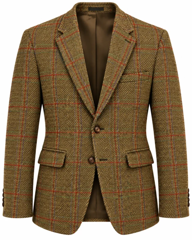 Front view of men's brown windowpane tweed jacket featuring rust-red checked detailing. Back view of men's brown country tweed jacket showing its structured silhouette.