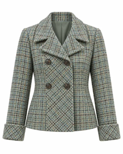 Front view of women's teal checked tweed jacket featuring classic double-breasted tailoring. Back view of women's teal country tweed jacket showing its structured hip-length silhouette. Side view of women's blue-green checked tweed jacket featuring elegant turn-back cuffs. Close-up of teal tweed fabric featuring beige, grey, and subtle brown heritage checks. Detail of women's double-breasted tweed jacket showing four dark buttons and a wide fold-over collar.