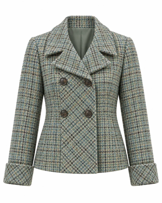 Front view of women's teal checked tweed jacket featuring classic double-breasted tailoring. Back view of women's teal country tweed jacket showing its structured hip-length silhouette. Side view of women's blue-green checked tweed jacket featuring elegant turn-back cuffs. Close-up of teal tweed fabric featuring beige, grey, and subtle brown heritage checks. Detail of women's double-breasted tweed jacket showing four dark buttons and a wide fold-over collar.