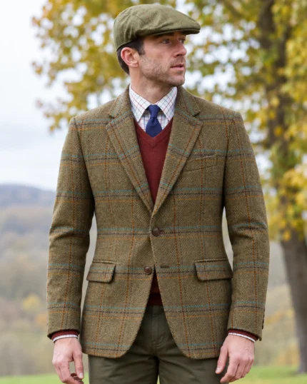 Men's Moss Green Tweed Jacket – Blue & Tan Checked Country Jacket