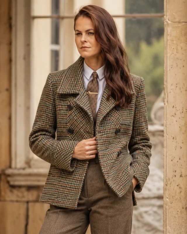 Woman wearing a brown houndstooth-style tweed jacket with olive heritage checks, double-breasted buttons, and wide notched collar, styled with brown trousers and a patterned tie.