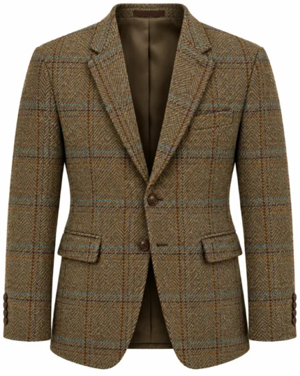 Front view of men's moss green tweed jacket featuring blue and tan checked detailing. Back view of moss green country tweed jacket showing its traditional tailored shape. Side view of men's green checked tweed jacket with classic country styling. Close-up of moss green tweed fabric featuring blue overchecks and warm tan detailing. Detail of men's moss green tweed jacket showing notch lapels, two-button closure, and flap pockets.