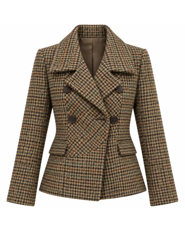 Front view of women's brown houndstooth tweed jacket featuring classic double-breasted tailoring. Back view of women's brown checked tweed jacket showing its structured hip-length silhouette. Side view of women's heritage tweed jacket featuring an elegant wide notched collar. Close-up of brown and olive tweed fabric featuring intricate houndstooth-style checks. Detail of women's double-breasted tweed jacket showing dark buttons and traditional checked fabric.