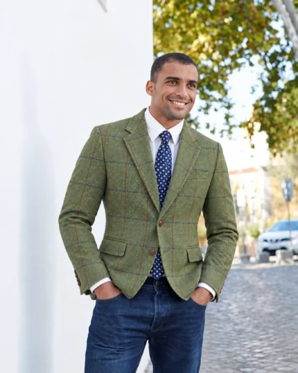 Man wearing a men's sage green tweed jacket with blue and rust windowpane checks, styled with a white shirt, navy patterned tie, and blue jeans.