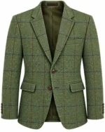 Front view of men's sage green tweed jacket featuring blue and rust checked detailing. Back view of sage green country tweed jacket showing the traditional tailored silhouette.