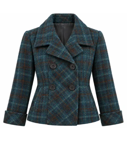 Front view of women's dark teal checked tweed jacket featuring classic double-breasted tailoring. Back view of women's dark teal country tweed jacket showing its structured hip-length silhouette. Side view of women's petrol blue tweed jacket featuring elegant turn-back cuffs. Close-up of dark teal tweed fabric featuring subtle rust-brown and muted blue heritage checks. Detail of women's double-breasted tweed jacket showing four dark buttons and a wide fold-over collar.