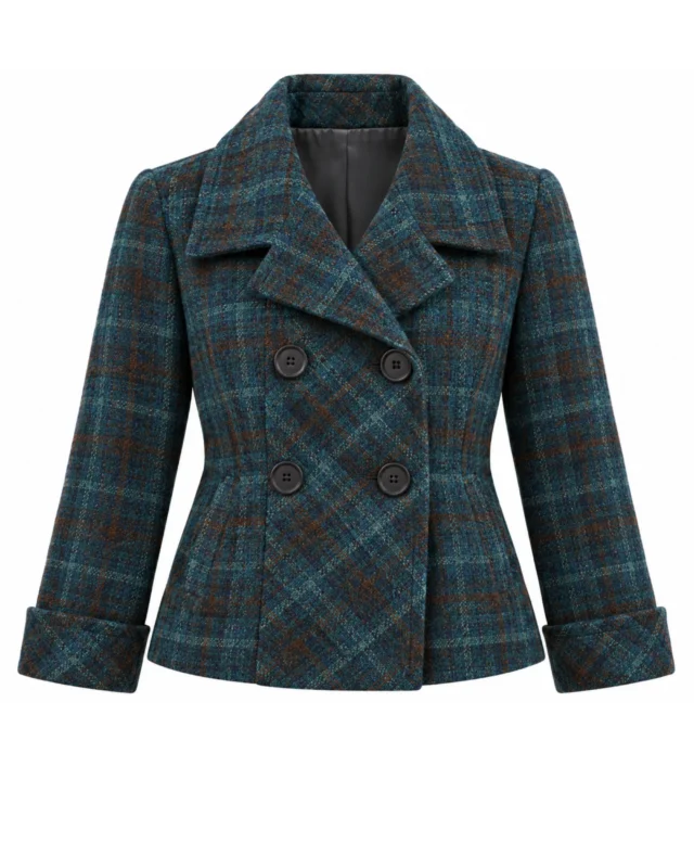 Front view of women's dark teal checked tweed jacket featuring classic double-breasted tailoring. Back view of women's dark teal country tweed jacket showing its structured hip-length silhouette. Side view of women's petrol blue tweed jacket featuring elegant turn-back cuffs. Close-up of dark teal tweed fabric featuring subtle rust-brown and muted blue heritage checks. Detail of women's double-breasted tweed jacket showing four dark buttons and a wide fold-over collar.