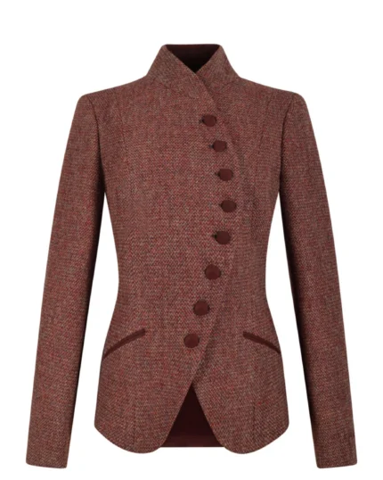 Front view of women's rust red tweed blazer featuring a distinctive stand collar and fabric-covered buttons. Back view of women's rust tweed blazer showing its fitted waist and structured feminine silhouette. Side view of women's terracotta tweed blazer featuring elegant tailoring and curved front hem. Close-up of rust red tweed fabric showing fine burgundy, copper, and earthy brown textured detailing. Detail of women's rust red stand collar tweed blazer showing covered-button fastening and contrasting welt pocket accents.