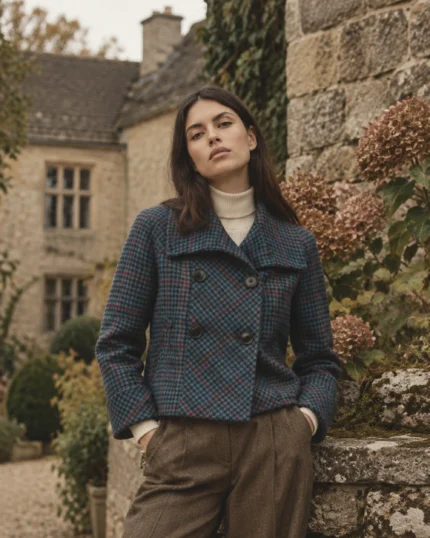 Woman wearing a navy blue checked tweed jacket with burgundy windowpane checks, double-breasted buttons, and wide collar, styled with cream knitwear and brown trousers.