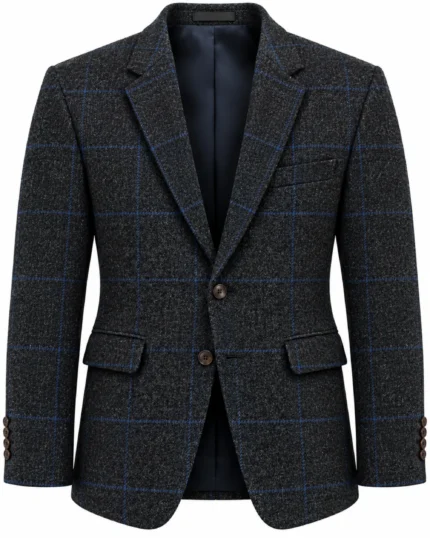 Front view of men's charcoal grey tweed jacket featuring blue windowpane checks and classic notch lapels. Back view of men's charcoal tweed jacket showing its traditional tailored silhouette. Side view of men's dark grey checked tweed jacket with structured shoulder detailing. Close-up of charcoal grey tweed fabric featuring distinctive blue windowpane checks. Detail of men's charcoal tweed jacket showing traditional buttons, chest welt pocket, and lower flap pockets.