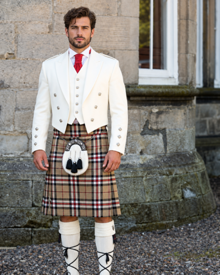 Man wearing a camel mens plaid kilt with black, red and white lines, styled with a white Prince Charlie jacket, red cravat, fur sporran and cream hose at a stone building