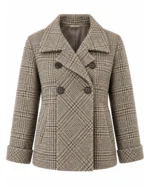 Front view of women's beige checked tweed jacket featuring classic double-breasted tailoring. Back view of women's beige country tweed jacket showing its structured hip-length silhouette. Side view of women's brown and beige checked tweed jacket with a wide notch collar. Close-up of beige tweed fabric featuring intricate brown and charcoal heritage checks. Detail of women's double-breasted tweed jacket showing traditional buttons and textured checked fabric.