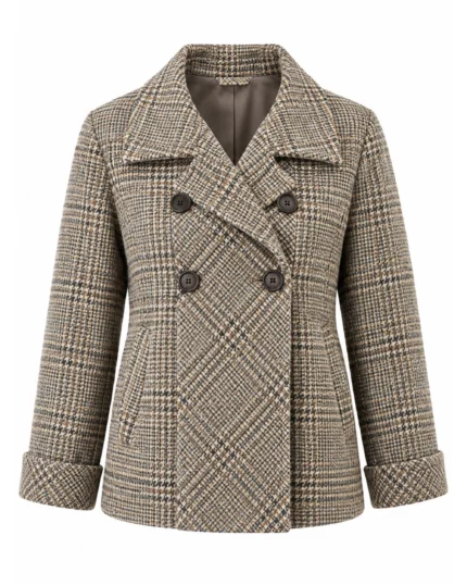 Front view of women's beige checked tweed jacket featuring classic double-breasted tailoring. Back view of women's beige country tweed jacket showing its structured hip-length silhouette. Side view of women's brown and beige checked tweed jacket with a wide notch collar. Close-up of beige tweed fabric featuring intricate brown and charcoal heritage checks. Detail of women's double-breasted tweed jacket showing traditional buttons and textured checked fabric.