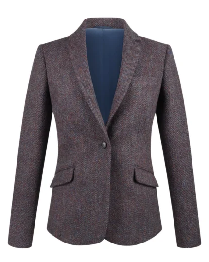Front view of women's plum tweed blazer featuring elegant notch lapels and structured tailoring. Back view of women's plum tweed blazer showing its fitted waist and hip-length silhouette. Side view of women's muted purple tweed blazer featuring traditional tailored shoulders. Close-up of plum tweed fabric featuring an intricate herringbone-inspired textured pattern. Detail of women's plum tweed blazer showing notch lapels, traditional flap pockets, and button-detailed cuffs.